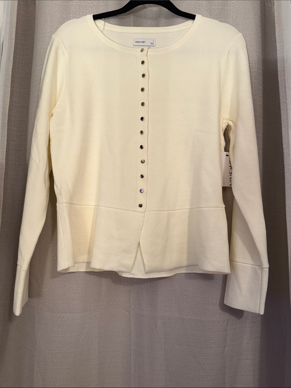 Nine West Cream Snap-Front Peplum Long-Sleeve Top